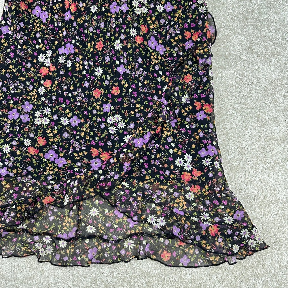 City Triangles Vintage 90s Floral Chiffon Ruffle Midi Dress Black Purple Size 11 - Picture 2 of 12